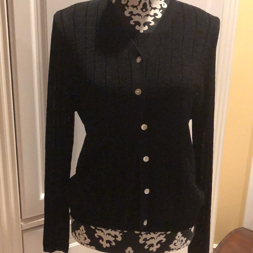 S.M.L. Design Two-piece Tank & Cardigan semi-sheer knit, mother of pearl buttons